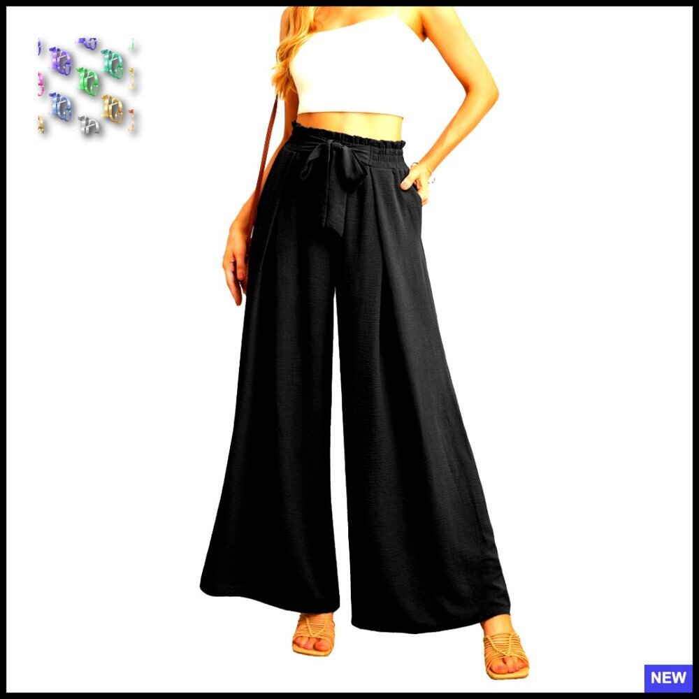 Wide Leg Palazzo Pants High Waisted Tie Knot Trousers Flowy Work Casual - Picture 6 of 7